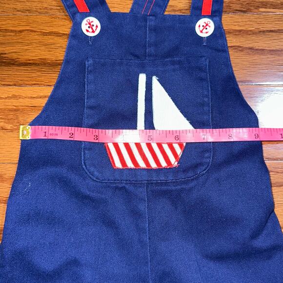 Vintage Baby Boys Red White Blue Sailboat Sailor Shirt & Overalls Set - Picture 10 of 12